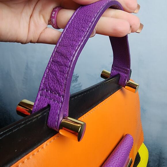 Braccialini Retro Color Block Italian Leather Top Handle Bag Crossbody - Picture 8 of 13